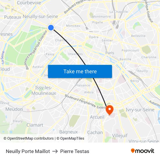 Neuilly Porte Maillot to Pierre Testas map