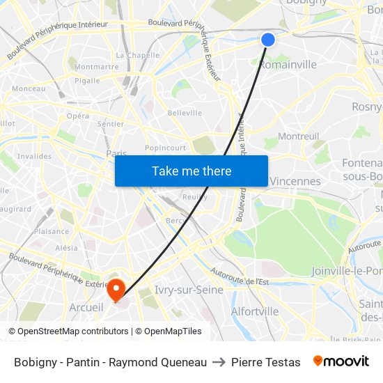 Bobigny - Pantin - Raymond Queneau to Pierre Testas map