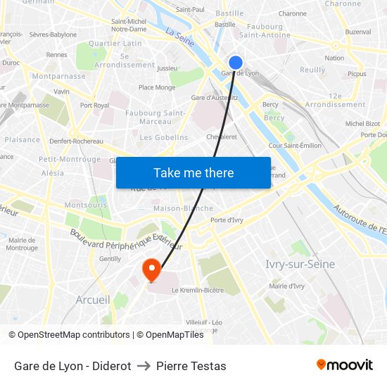 Gare de Lyon - Diderot to Pierre Testas map