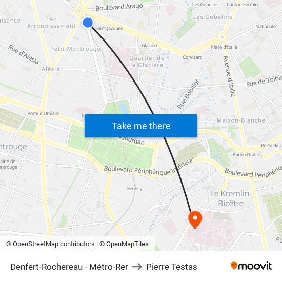 Denfert-Rochereau - Métro-Rer to Pierre Testas map