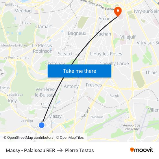 Massy - Palaiseau RER to Pierre Testas map