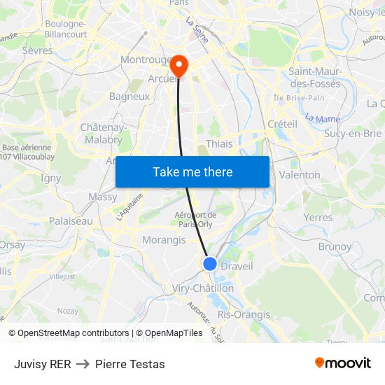 Juvisy RER to Pierre Testas map