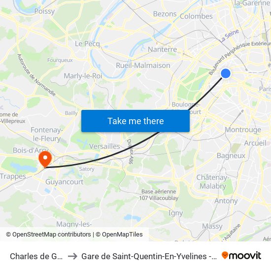 Charles de Gaulle Etoile to Gare de Saint-Quentin-En-Yvelines - Gare Routière Delouvrier map