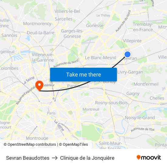 Sevran Beaudottes to Clinique de la Jonquière map