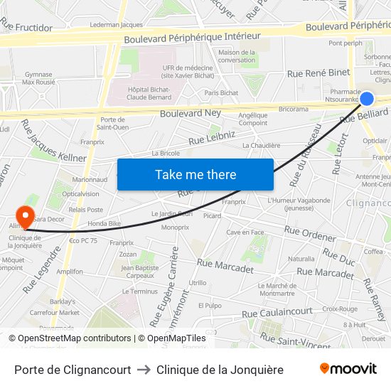 Porte de Clignancourt to Clinique de la Jonquière map