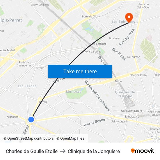 Charles de Gaulle Etoile to Clinique de la Jonquière map