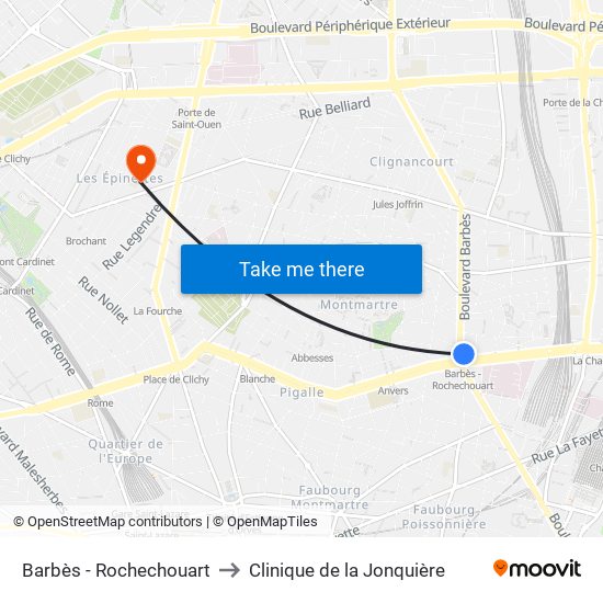 Barbès - Rochechouart to Clinique de la Jonquière map