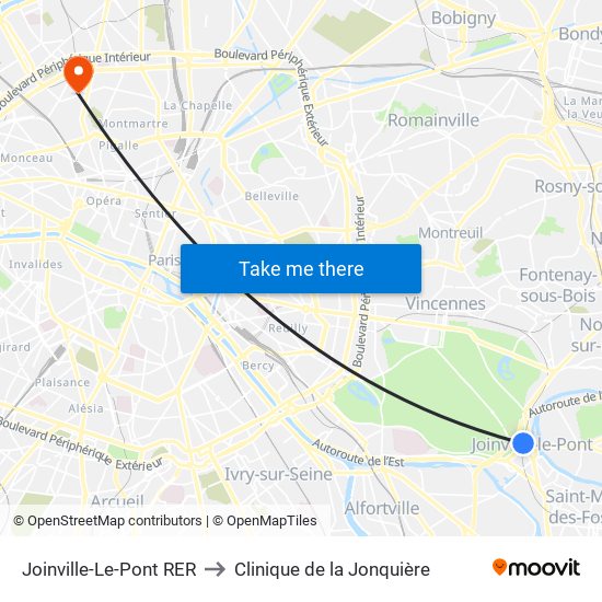 Joinville-Le-Pont RER to Clinique de la Jonquière map