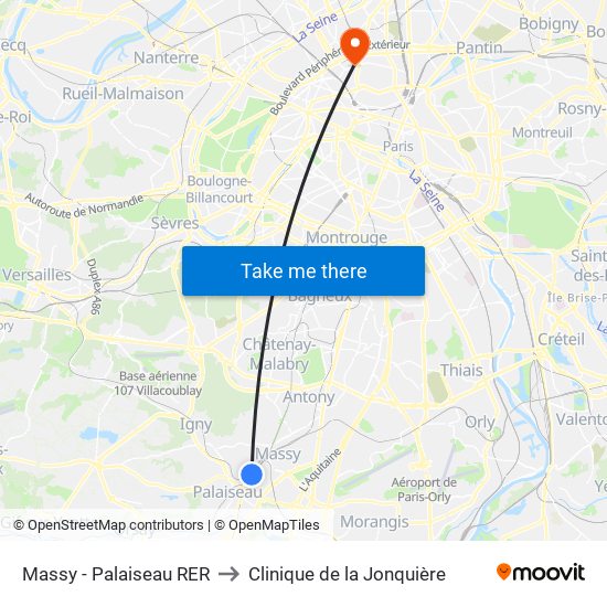 Massy - Palaiseau RER to Clinique de la Jonquière map