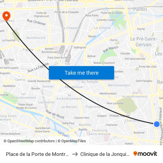 Place de la Porte de Montreuil to Clinique de la Jonquière map