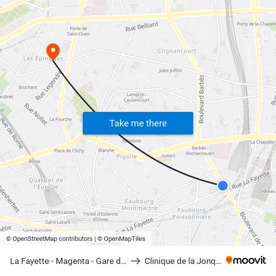 La Fayette - Magenta - Gare du Nord to Clinique de la Jonquière map