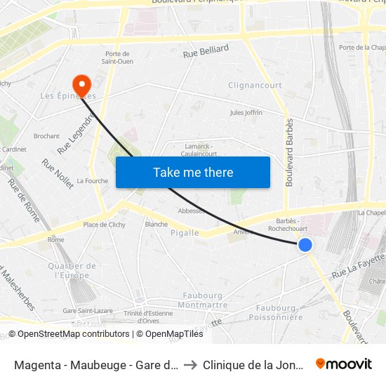 Magenta - Maubeuge - Gare du Nord to Clinique de la Jonquière map