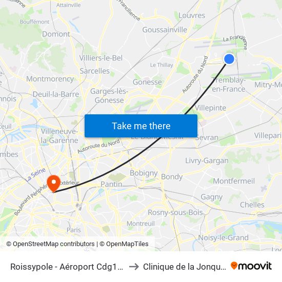 Roissypole - Aéroport Cdg1 (E2) to Clinique de la Jonquière map