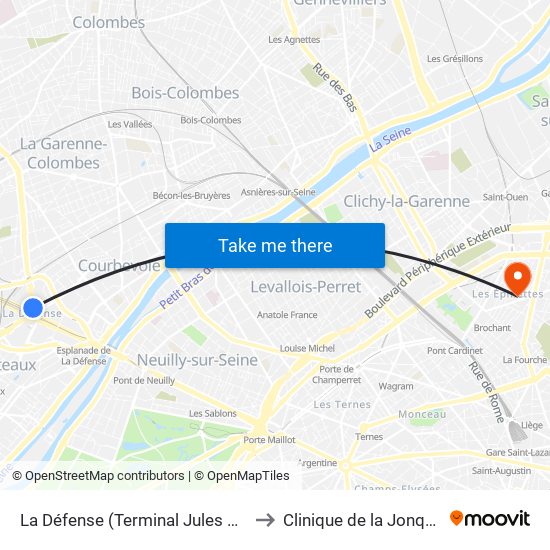 La Défense (Terminal Jules Verne) to Clinique de la Jonquière map