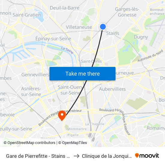 Gare de Pierrefitte - Stains RER to Clinique de la Jonquière map