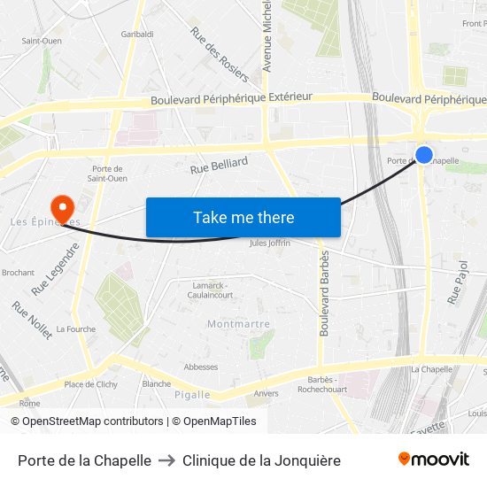 Porte de la Chapelle to Clinique de la Jonquière map