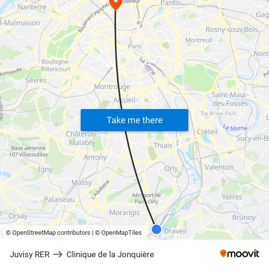 Juvisy RER to Clinique de la Jonquière map