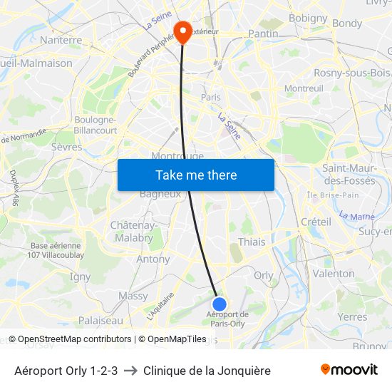 Aéroport Orly 1-2-3 to Clinique de la Jonquière map