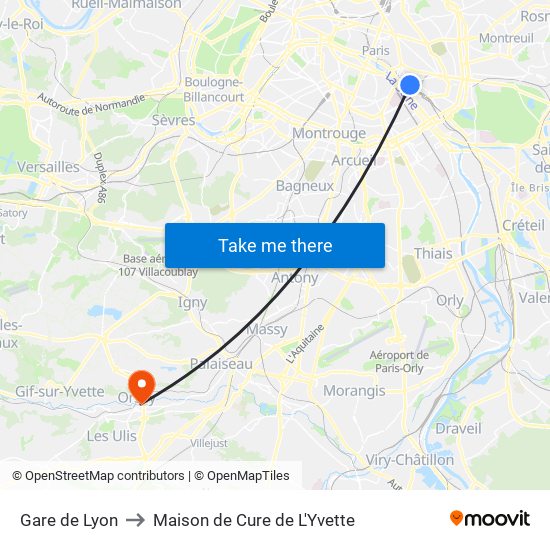 Gare de Lyon to Maison de Cure de L'Yvette map