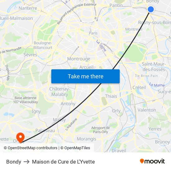 Bondy to Maison de Cure de L'Yvette map