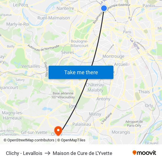 Clichy - Levallois to Maison de Cure de L'Yvette map