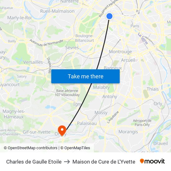 Charles de Gaulle Etoile to Maison de Cure de L'Yvette map