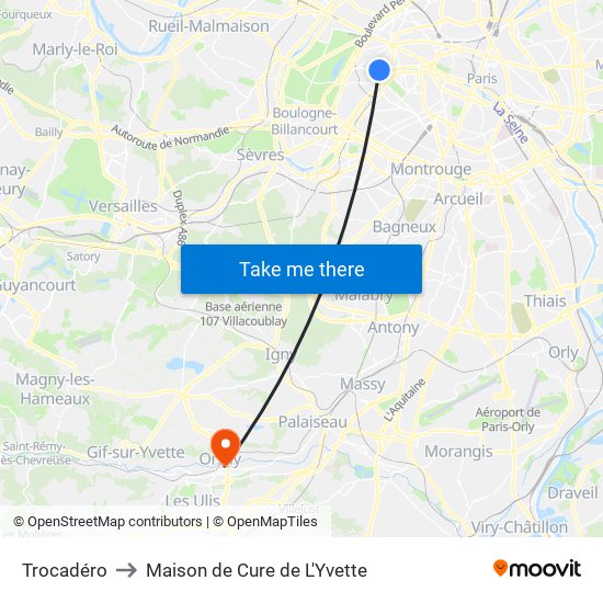 Trocadéro to Maison de Cure de L'Yvette map