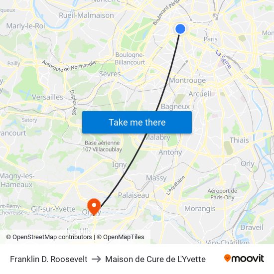 Franklin D. Roosevelt to Maison de Cure de L'Yvette map
