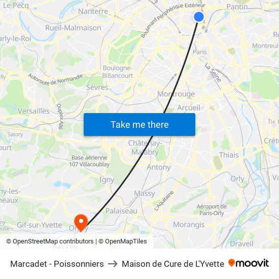 Marcadet - Poissonniers to Maison de Cure de L'Yvette map
