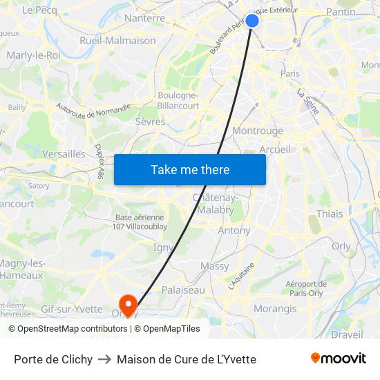 Porte de Clichy to Maison de Cure de L'Yvette map