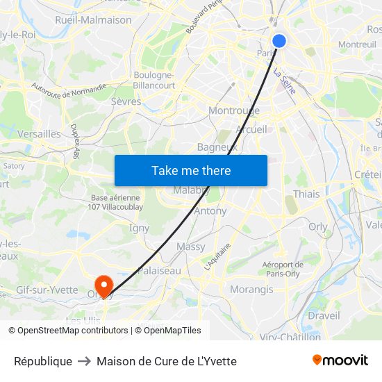 République to Maison de Cure de L'Yvette map
