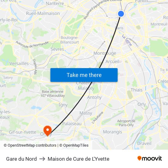 Gare du Nord to Maison de Cure de L'Yvette map
