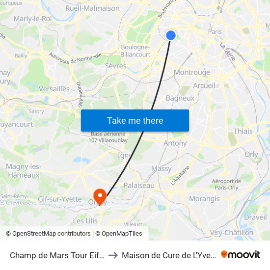 Champ de Mars Tour Eiffel to Maison de Cure de L'Yvette map