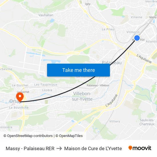 Massy - Palaiseau RER to Maison de Cure de L'Yvette map