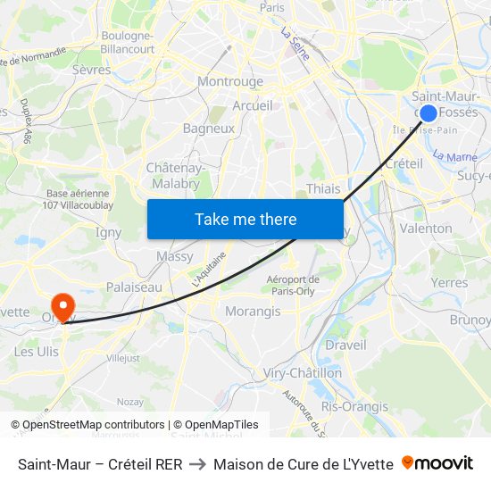 Saint-Maur – Créteil RER to Maison de Cure de L'Yvette map