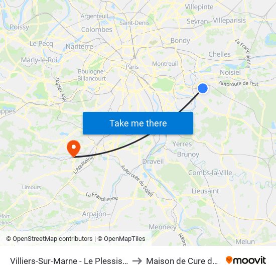 Villiers-Sur-Marne - Le Plessis-Trévise RER to Maison de Cure de L'Yvette map