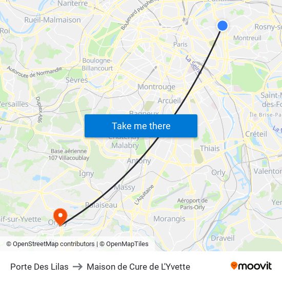 Porte Des Lilas to Maison de Cure de L'Yvette map