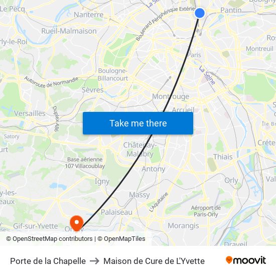 Porte de la Chapelle to Maison de Cure de L'Yvette map