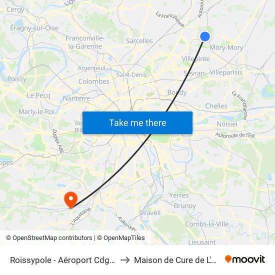 Roissypole - Aéroport Cdg1 (D1) to Maison de Cure de L'Yvette map