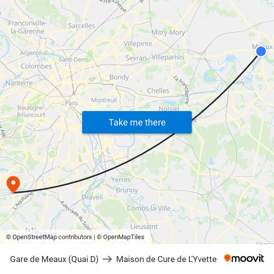 Gare de Meaux (Quai D) to Maison de Cure de L'Yvette map