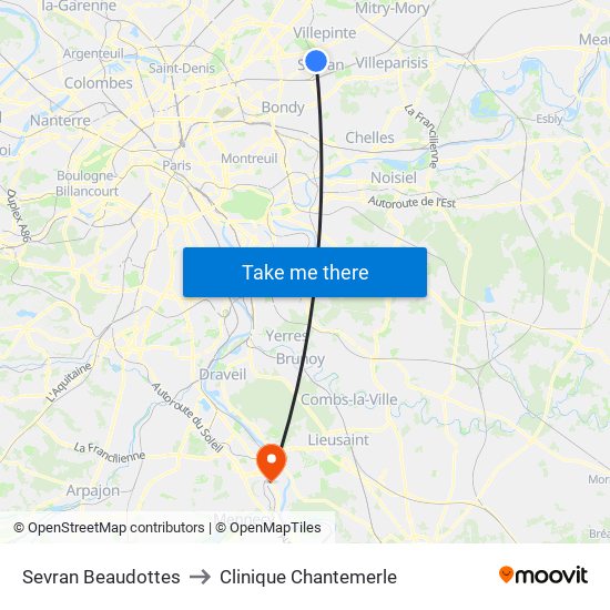 Sevran Beaudottes to Clinique Chantemerle map