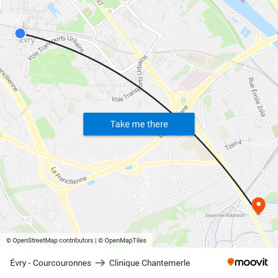 Évry - Courcouronnes to Clinique Chantemerle map