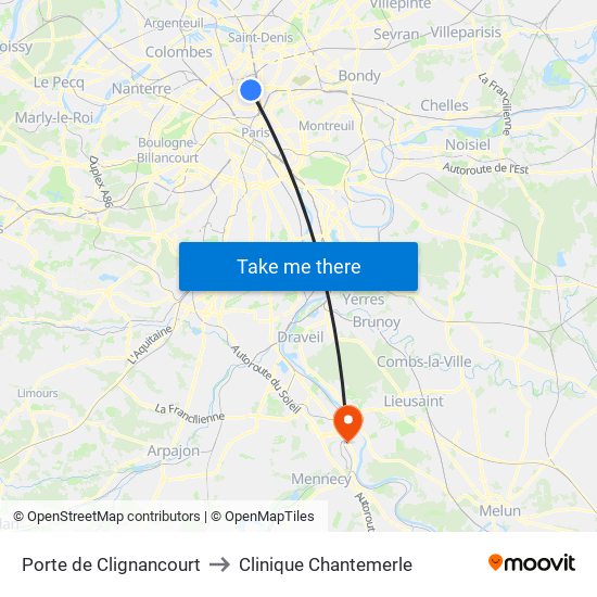 Porte de Clignancourt to Clinique Chantemerle map
