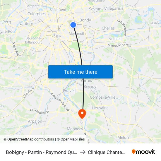 Bobigny - Pantin - Raymond Queneau to Clinique Chantemerle map