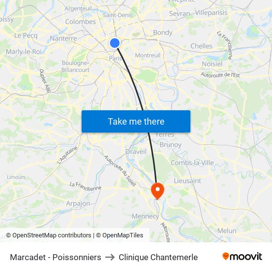 Marcadet - Poissonniers to Clinique Chantemerle map