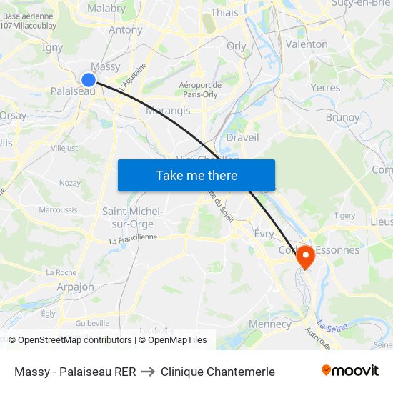 Massy - Palaiseau RER to Clinique Chantemerle map