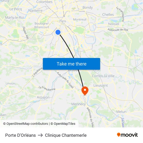 Porte D'Orléans to Clinique Chantemerle map