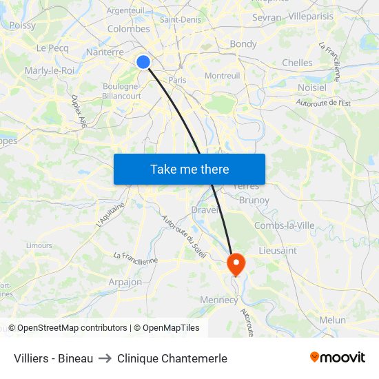 Villiers - Bineau to Clinique Chantemerle map