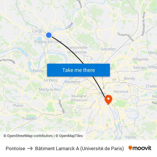 Pontoise to Bâtiment Lamarck A (Université de Paris) map