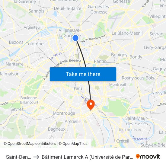 Saint-Denis to Bâtiment Lamarck A (Université de Paris) map